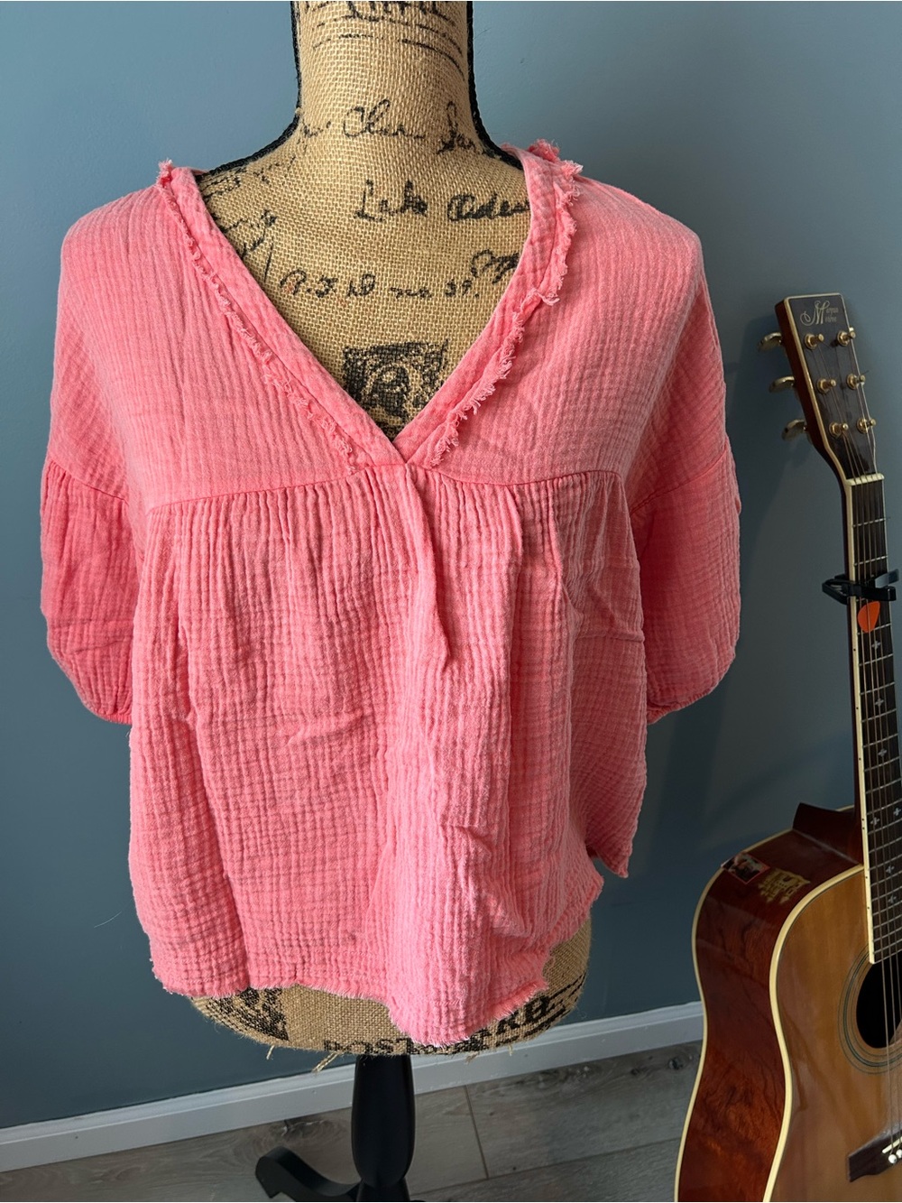 Relaxed Pink Gauze V-Neck Blouse
